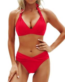 Yonique Frauen Zweiteilige Badeanzüge Push Up Bikini Set Neckholder Badeanzug Vintage Bademode, Rot/Ausflug, einfarbig (Getaway Solids), Medium von Yonique