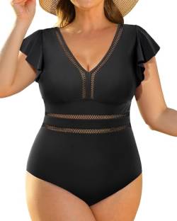 Yonique Plus Size Badeanzüge für Frauen Einteiler Bauchkontrolle Badeanzüge Rüschen Bademode, Black01, 18 Plus von Yonique