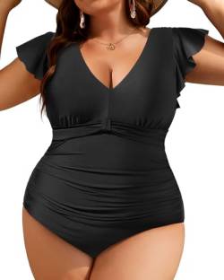 Yonique Plus Size Badeanzüge für Frauen Einteiler Bauchkontrolle Badeanzüge Rüschen Bademode, Einfarbig Schwarz, 44 Mehr von Yonique