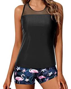 Yonique Tankini-Badeanzüge für Damen mit Shorts, sportlich, zweiteilig, Racerback, Tank-Top, Bademode, Schwarz und Flamingo, Large von Yonique