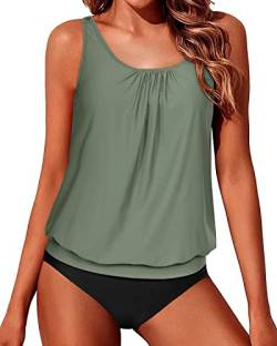 Yonique Zweiteilige Blouson-Tankini-Badeanzüge für Damen, bescheidene Badeanzüge, lockere Passform, Bademode, Army Green, XS von Yonique