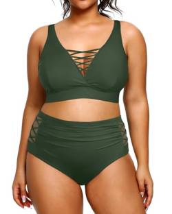 Yonique Zweiteiliger Badeanzug in Übergröße für Damen, hohe Taille, Bikini-Set, Bauchkontrolle, Badeanzüge, Grün (Army Green), 44 Mehr von Yonique