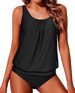 Yonique Zweiteiliger Blouson-Tankini-Badeanzüge für Frauen, bescheidene Badeanzüge, lockere Passform, Bademode, Schwarz, Large von Yonique