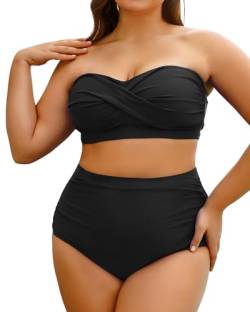 Yonique Zweiteiliger Damen-Badeanzug, Übergröße, hohe Taille, Bandeau-Bikini, Bauchkontrolle, Schwarz, 18 Plus von Yonique