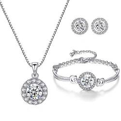 YooAi Schmuck Set Runde Anhänger Halskette Ohrringe und Armband Set Zirkonia Schmuck für Frauen Rund Silber von YooAi