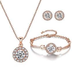 YooAi Schmuck Set Runde Anhänger Halskette Ohrringe und Armband Set Zirkonia Schmuck für Frauen Runde Roségold von YooAi