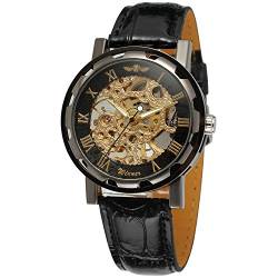 Yoodeet Men's Black Skeleton Dial Hand-Wind Up Leather Mechanical Wrist Watch von Yoodeet