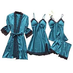 Dessous Damen Sexy Unterwäsche, 4-teiliges Dessous Set Damen Kunstseide Spitze Negligee Robe Nachtkleid Babydoll Nachtwäsche Nachthemd Pyjamas Schlafanzug Reizwäsche Vierteiliger Anzug von Yoofeiduoduo