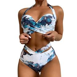 Yoofeiduoduo Badeanzug Sexy Transparent Damen Bikini Marmor-Aquarelldruck Cutout High Waist V Ausschnitt Zweiteiliger Neckholder Push Up Große BrüSte Hoch Taillierte Badeanzug, Blau, L von Yoofeiduoduo