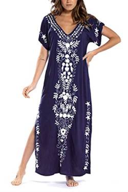 YouKD Baumwolle Bestickt Blumen lose Kaftan Boho Beach Bikini Cover Up Kleid Plus Size Loungewear für Frauen von YouKD