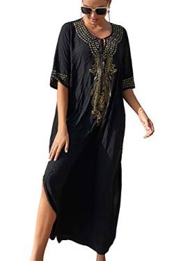 YouKD Cotton Embroidered Floral Loose Kaftan Boho Beach Bikini Cover Up Dress Plus Size Nightgown for Women von YouKD