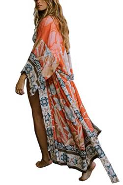YouKD Damen Baumwoll Cardigan Bohemian Lang Kimono Beach Badeanzug Cover Up Kleid Plus Size Robe von YouKD