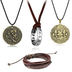YouU 4 Stück Uncharted Nathan Drake's Ringe Anhänger Halskette messingfarbenen Totenkopf-Gold Münzen-Anhänger Geflochten Leder Armband von YouU
