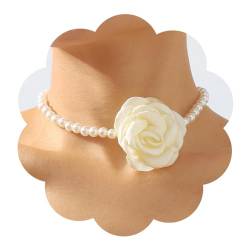 Youery Kamelien-Perlenkette White Pearl Kette White Blumen Halskette kurz rund Imitationsperle Vintage elegante Perlenkette, Schmuck für Hochzeit, Bräute, Frauen und Mädchen von Youery