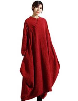 Youlee Damen Langarm Baumwolle Leinen Laterne Kleid Red von Youlee