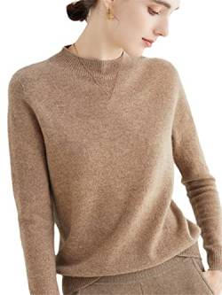 100% Merinowolle Pullover Sweater One-Line Fertig Damen Stehkragen Strickpullover Solid Tops, Khaki9, L von Youllyuu