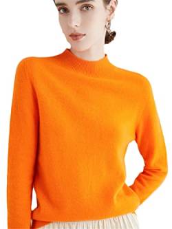 100% Merinowolle Pullover Sweater One-Line Fertig Damen Stehkragen Strickpullover Solid Tops, Orange, XL von Youllyuu