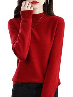 100% Merinowolle Pullover Sweater One-Line Fertig Damen Stehkragen Strickpullover Solid Tops, burgunderfarben, L von Youllyuu