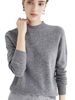 100% Merinowolle Pullover Sweater One-Line Fertig Damen Stehkragen Strickpullover Solid Tops, grau, L von Youllyuu