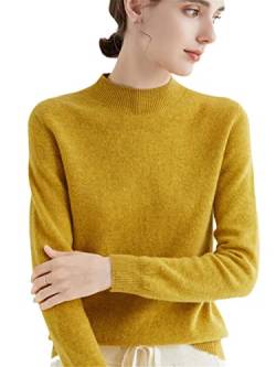 100% Merinowolle Pullover Sweater One-Line Fertig Damen Stehkragen Strickpullover Solid Tops, senfgelb, XL von Youllyuu