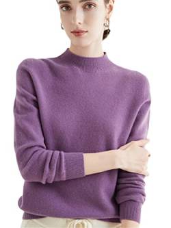 100% Merinowolle Pullover Sweater One-Line Fertig Damen Stehkragen Strickpullover Solid Tops, violett, M von Youllyuu