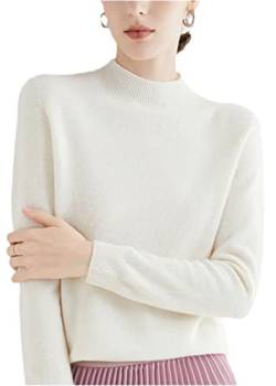100% Merinowolle Pullover Sweater One-Line Fertig Damen Stehkragen Strickpullover Solid Tops, weiß, L von Youllyuu