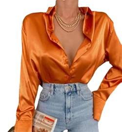 Damen Seidenbluse Langarm Button Down Satin Blusen Casual Solid Shirts Tops, Orange, M von Youllyuu