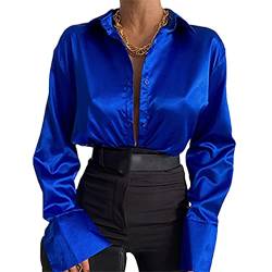 Damen Seidenbluse Langarm Button Down Satin Blusen Casual Solid Shirts Tops, blau, XXL von Youllyuu