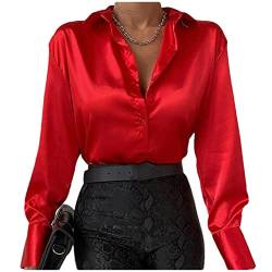 Damen Seidenbluse Langarm Button Down Satin Blusen Casual Solid Shirts Tops, rot, Large von Youllyuu