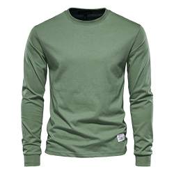Einfarbiges Baumwoll-T-Shirt für Herren, lässig, Rundhalsausschnitt, langärmelig, Basic-T-Shirts für Frühling und Herbst, grün, XL von Youllyuu
