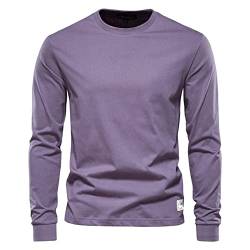 Einfarbiges Baumwoll-T-Shirt für Herren, lässig, Rundhalsausschnitt, langärmelig, Basic-T-Shirts für Frühling und Herbst, violett, XL von Youllyuu