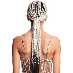 Strass Multi Strang Haarkette Lange Quaste Kopfkette Kristall Perücke Kette Stirnband Kopfbedeckung Versilbert von Youllyuu