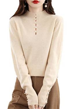 Youllyuu 100% Kaschmir Pullover Damen Half Turtleneck Pearl Button Pullover Strickhose Tops, beige, XL von Youllyuu