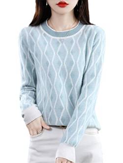 Youllyuu 100 % Kaschmir Pullover Damen Rundhalsausschnitt Pullover Farbe passender Diamant Strickpullover, Gn-See, S von Youllyuu