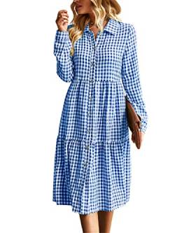 Youllyuu Damen Big Hem Plaid Print Freizeitkleider Umlegekragen Langarm Einzelknopf Midikleid, Blau kariert, S von Youllyuu