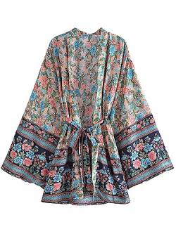 Youllyuu Damen Vintage Boho Cover Ups Oversize Bohemian Kimono Schärpen Hippie Bluse Boho Ethno Tops, türkis, 38 von Youllyuu