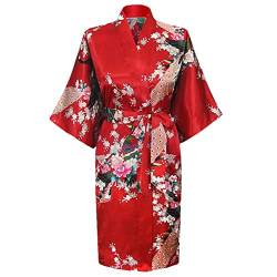 Youllyuu Kimono-Bademantel mit Blumen-Pfauenmotiv, für Damen, Satin, Nachtwäsche, Brautjungfer, Hochzeit, Mini-Bademantel, rot, 46 von Youllyuu