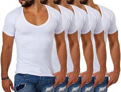 Young & Rich/Rerock Herren Uni T-Shirt mit extra tiefem V-Ausschnitt Slimfit deep V-Neck Stretch dehnbar einfarbiges Basic Shirt, Grösse:3XL, Farbe:Weiß - 5 Stück von Young&Rich