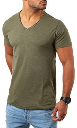 Young & Rich Herren Basic T-Shirt mit tiefem V-Ausschnitt deep v-Neck Vintage Look körperbetonte Passform YR-120, Grösse:3XL, Farbe:Militär-Grün von Young&Rich
