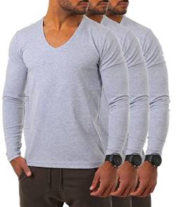 Young&Rich Herren Langarm Shirt mit tiefem V-Ausschnitt deep v-Neck Longsleeve Slim fit Stretch 2239, Grösse:3XL, Farbe:Grau Melange (3er Pack) von Young & Rich