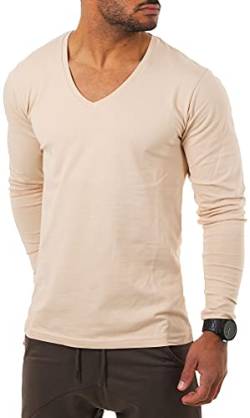 Young & Rich Herren Langarm Shirt mit tiefem V-Ausschnitt deep v-Neck Longsleeve Slim fit Stretch 2239, Grösse:L, Farbe:Beige von Young&Rich