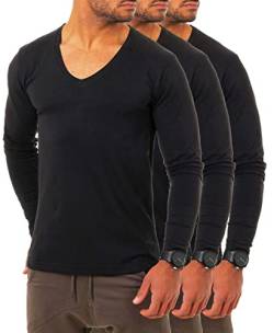 Young & Rich Herren Langarm Shirt mit tiefem V-Ausschnitt deep v-Neck Longsleeve Slim fit Stretch 2239, Grösse:L, Farbe:Schwarz (3er Pack) von Young & Rich