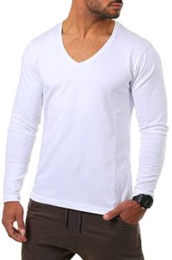 Young & Rich Herren Langarm Shirt mit tiefem V-Ausschnitt deep v-Neck Longsleeve Slim fit Stretch 2239, Grösse:L, Farbe:Weiß von Young&Rich