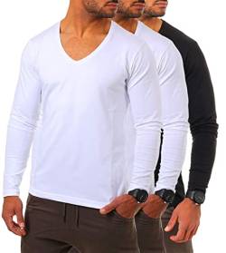 Young & Rich Herren Langarm Shirt mit tiefem V-Ausschnitt deep v-Neck Longsleeve Slim fit Stretch 2239, Grösse:M, Farbe:2X Weiß / 1x Schwarz (3er Pack) von Young & Rich