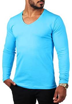 Young & Rich Herren Langarm Shirt mit tiefem V-Ausschnitt deep v-Neck Longsleeve Slim fit Stretch 2239, Grösse:XS, Farbe:Türkis von Young&Rich