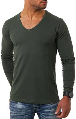 Young & Rich Herren Langarm Shirt mit tiefem V-Ausschnitt deep v-Neck Longsleeve Slim fit Stretch 2239, Grösse:XXL, Farbe:Militär-Grün von Young&Rich