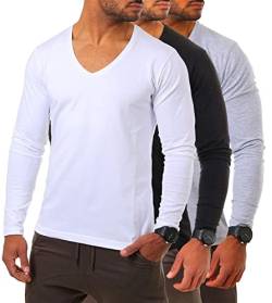 Young&Rich Herren Langarm Shirt mit tiefem V-Ausschnitt deep v-Neck Longsleeve Slim fit Stretch 2239, Grösse:XXL, Farbe:Weiß/Schwarz/Grau Melange (3er Pack) von Young & Rich