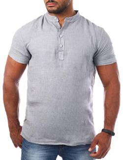 Young & Rich Herren Leinen T-Shirt mit Knopfleiste Henley Shirt Tunika Kurzarm Hemd Regular fit 100% Leinen T3143, Grösse:M, Farbe:Grau von Young&Rich
