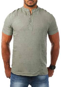 Young & Rich Herren Leinen T-Shirt mit Knopfleiste Henley Shirt Tunika Kurzarm Hemd Regular fit 100% Leinen T3143, Grösse:M, Farbe:Oliv von Young&Rich