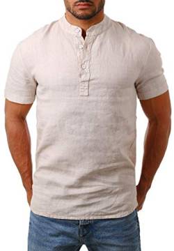 Young & Rich Herren Leinen T-Shirt mit Knopfleiste Henley Shirt Tunika Kurzarm Hemd Regular fit 100% Leinen T3143, Grösse:S, Farbe:Beige von Young&Rich